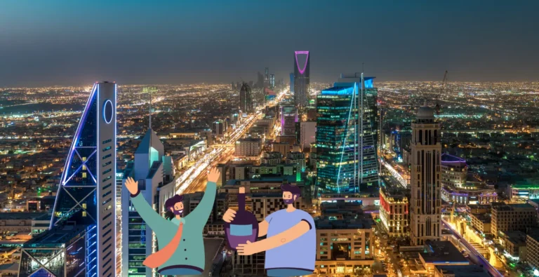 Illustrated tourists celebrating with wine against the Riyadh city skyline at night