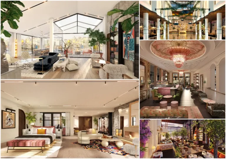Collage of interior spaces at Aliée hotel in Istanbul featuring suites, spa, bar, and dining areas with bold, cinematic design.