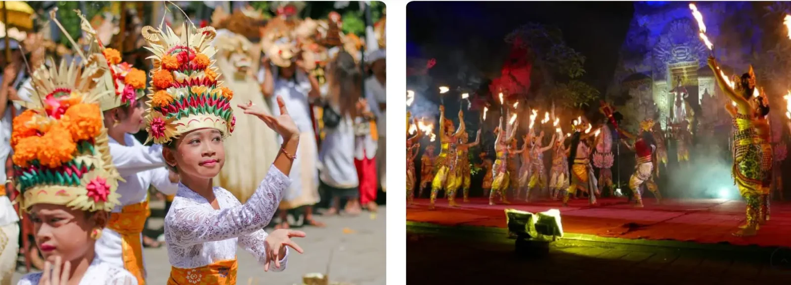 Traditional Balinese dancers performing in colorful costumes during day and night ceremonies