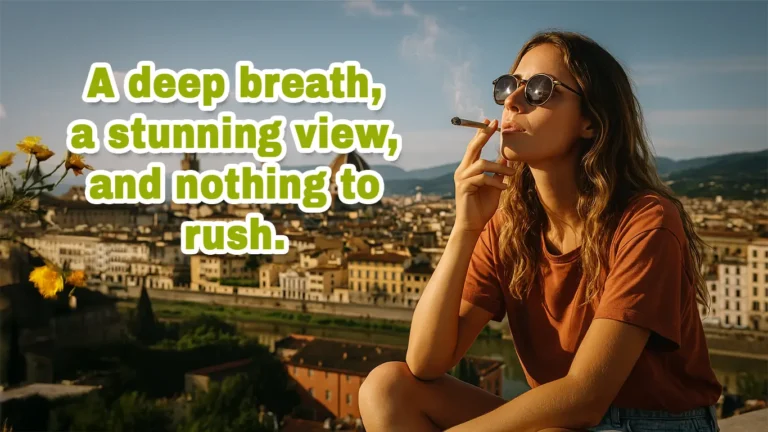 Woman smoking outdoors with scenic city view and relaxed expression