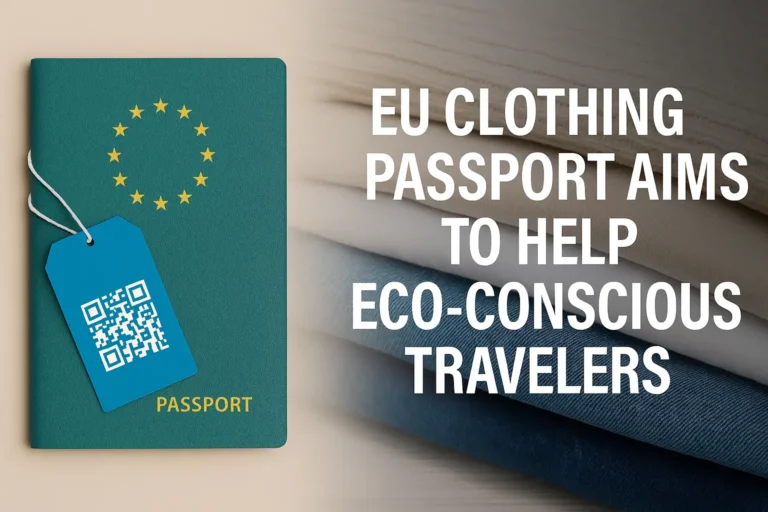 EU digital clothing passport with QR code tag next to folded fabrics and article title.