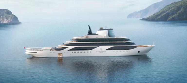 Luxury Travel 53 Four Seasons Yacht anchored at sea with retractable marina platform open