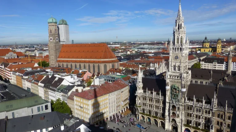 Aerial view of Marienplatz with the New Town Hall and Frauenkirche in Munich, Germany