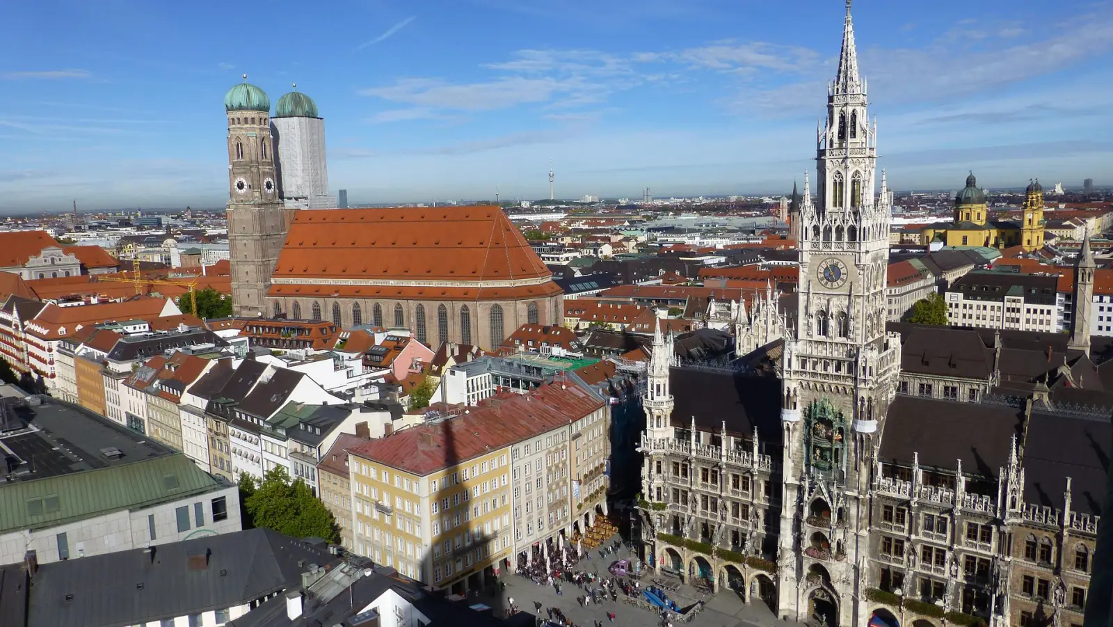 Aerial view of Marienplatz with the New Town Hall and Frauenkirche in Munich, Germany