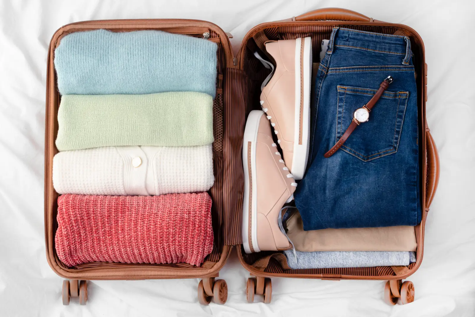 Open suitcase neatly packed with folded clothes, pink sneakers, jeans, and a wristwatch, organized for efficient travel packing.