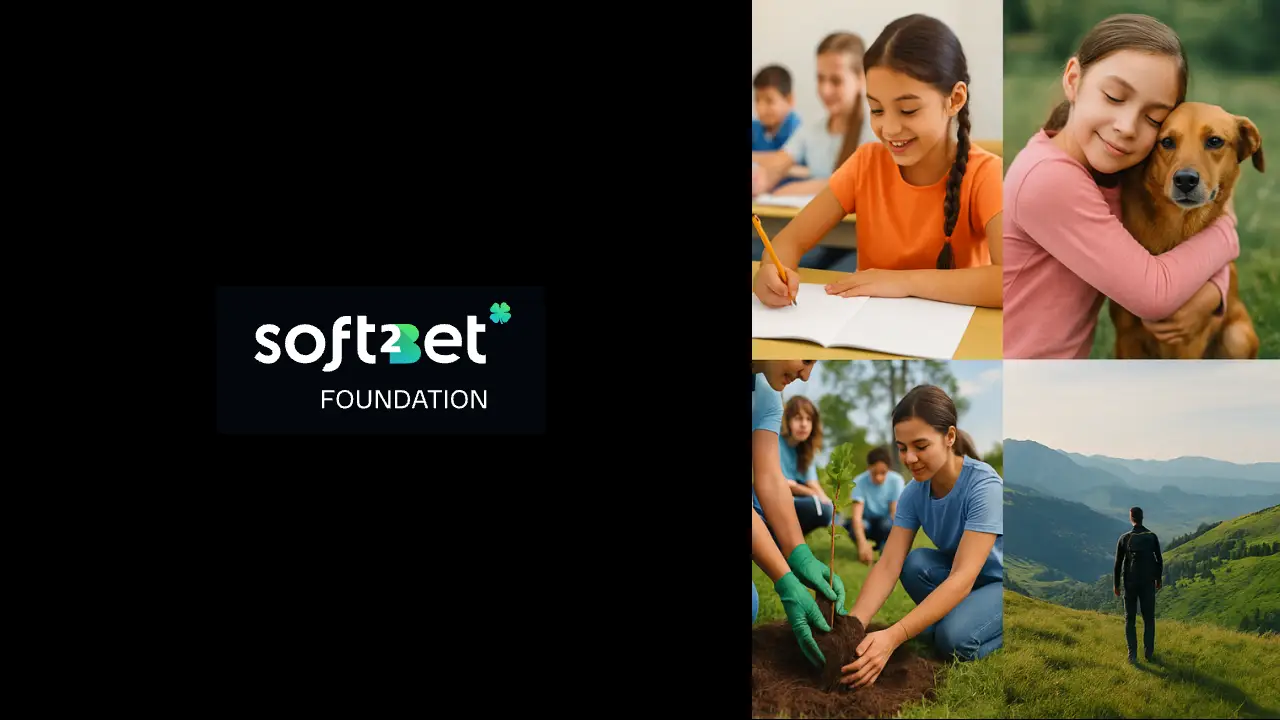 Soft2Bet Foundation logo on a black background alongside four photos representing its mission areas: education, animal welfare, environmental protection, and purposeful travel.
