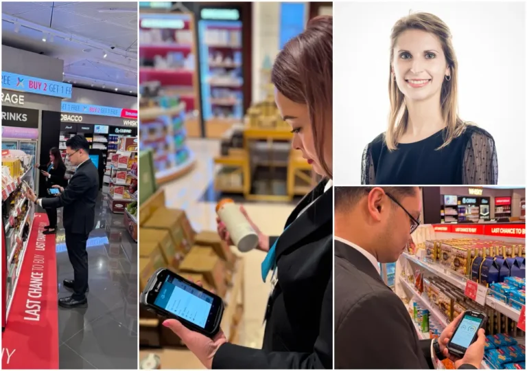 Lagardère Travel Retail staff use digital devices to manage expiry dates and monitor Too Good To Go inventory in Abu Dhabi airport stores.
