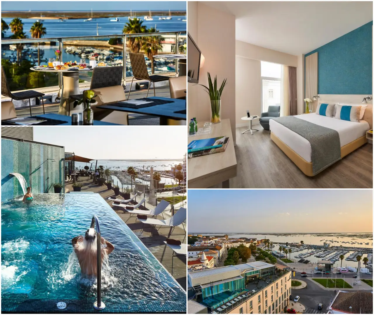 Collage of Occidental Faro hotel featuring rooftop pool, marina views, modern guest room, and seafront dining