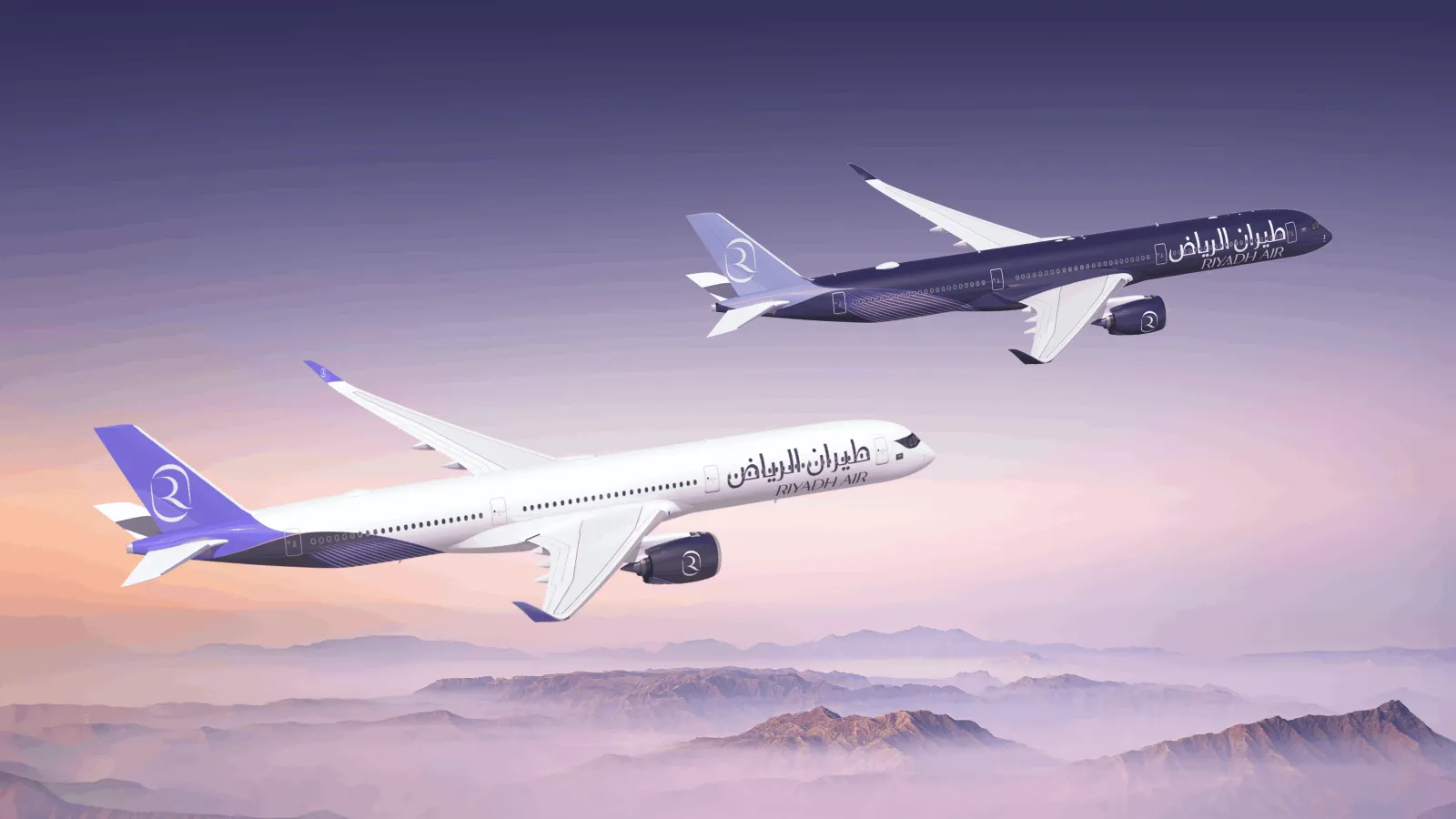 Riyadh Air Orders 25 Airbus A350-1000 Aircraft 7 Two Riyadh Air Airbus A350-1000 aircraft flying over mountains at sunset