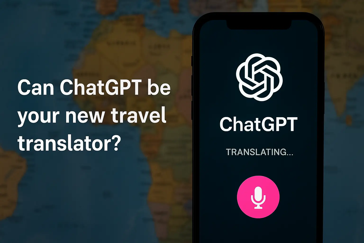 Smartphone displaying ChatGPT translation mode over a world map with the text “Can ChatGPT be your new travel translator?”