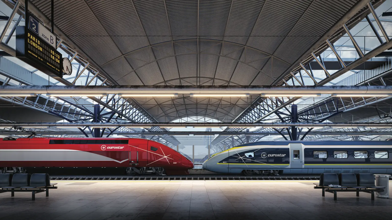 Eurostar To Offer Direct Services To Frankfurt And Geneva With New Fleet 2 Red and blue two new Eurostar trains parked head to head