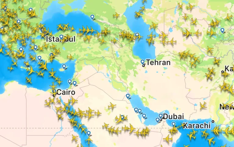 Other News 10 Flight map showing air traffic rerouting around Iran and the Gulf region during the Israel-Iran conflict