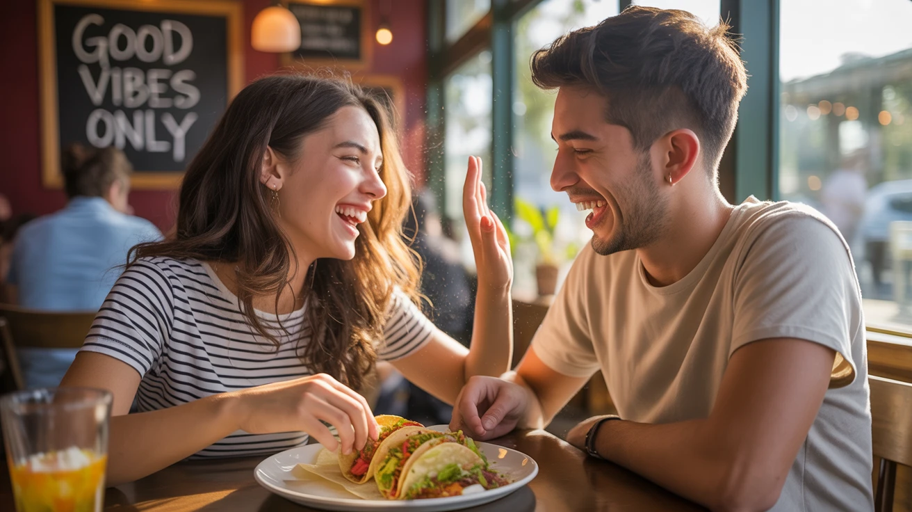 happy couple eating tacos restaurant