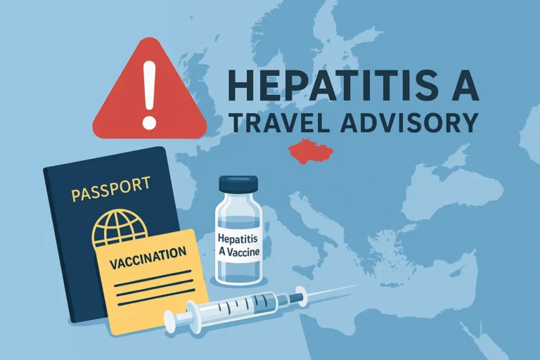 Hepatitis A travel advisory across Europe with passport, vaccination certificate, vaccine vial, and warning icon.