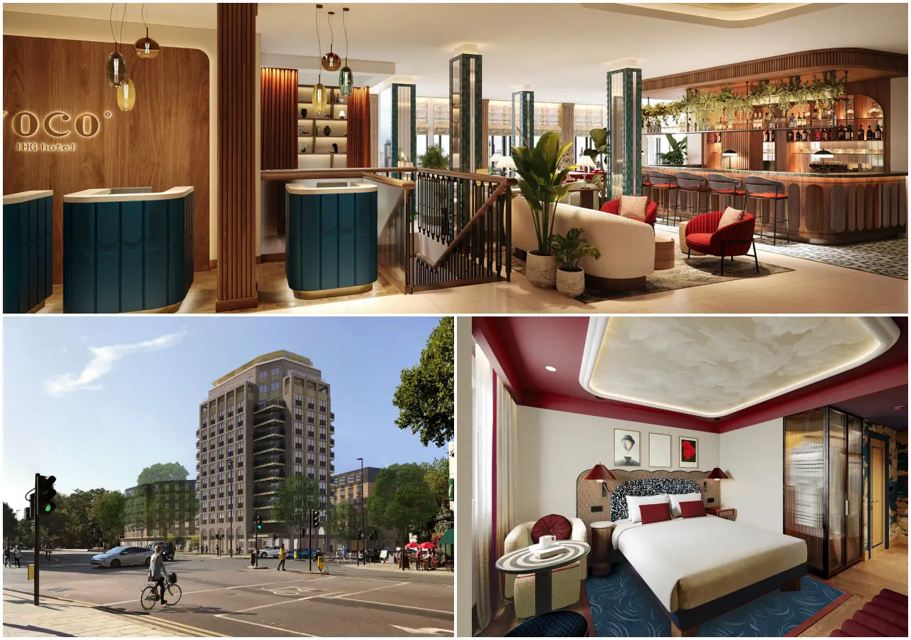 Collage of IHG’s dual-branded voco and Hotel Indigo London Waterloo interiors and exterior