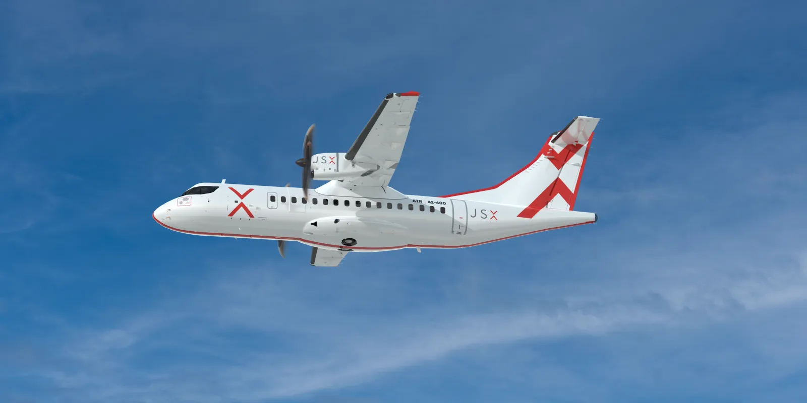 JSX ATR 42-600 aircraft in flight against a clear blue sky