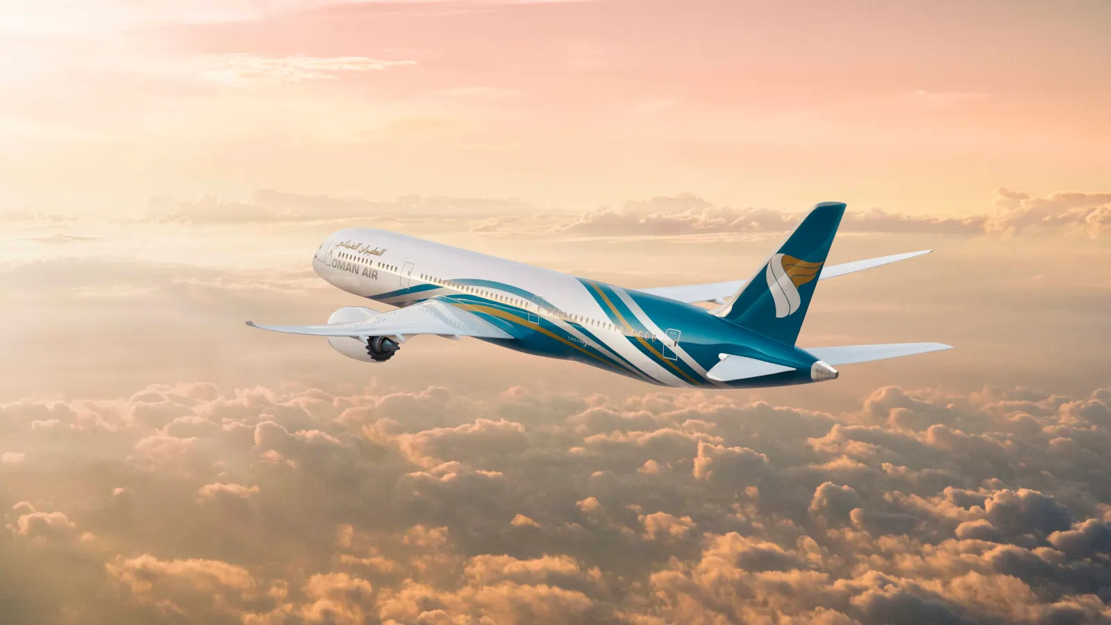 Oman Air passenger jet flying above clouds at sunset, showcasing the airline’s teal and gold livery against a warm, glowing sky.