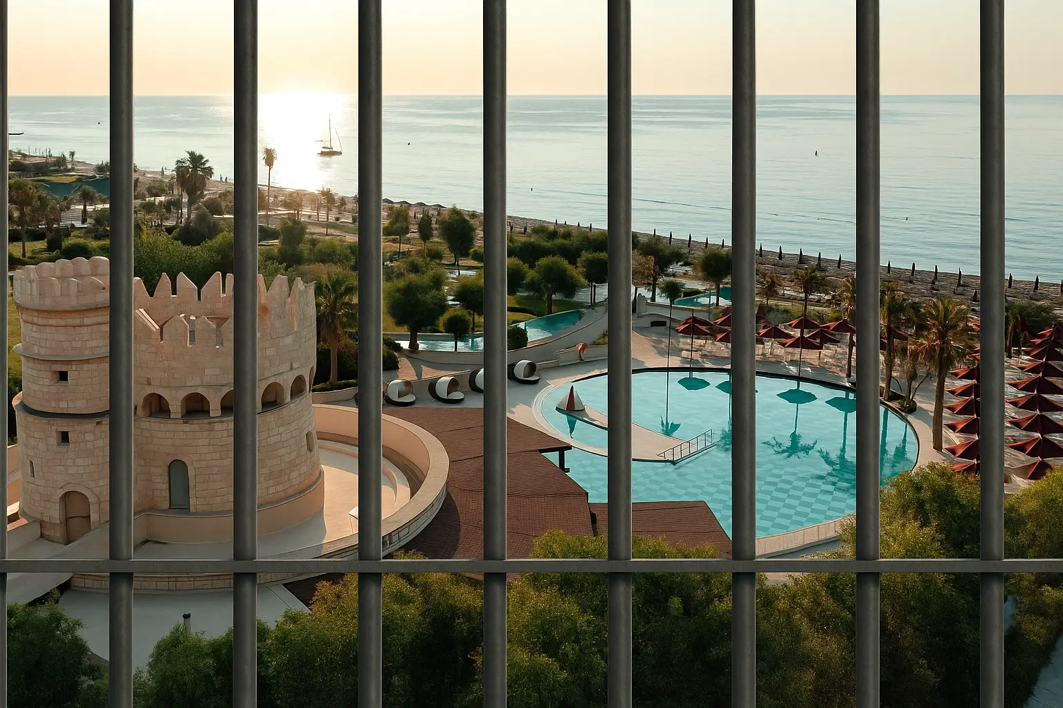 He Was Headed For A 5-Star Hotel—Now He’s In A Greek Prison 5 Luxury seaside resort in Rhodes viewed through prison bars at sunset