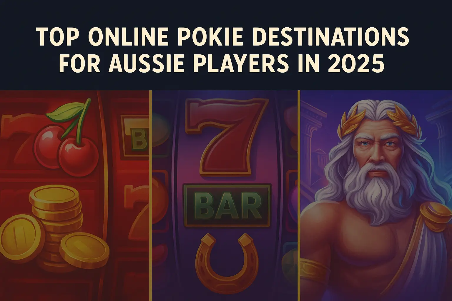 Promotional graphic featuring three themed slot machine visuals under the headline “Top Online Pokie Destinations for Aussie Players in 2025”