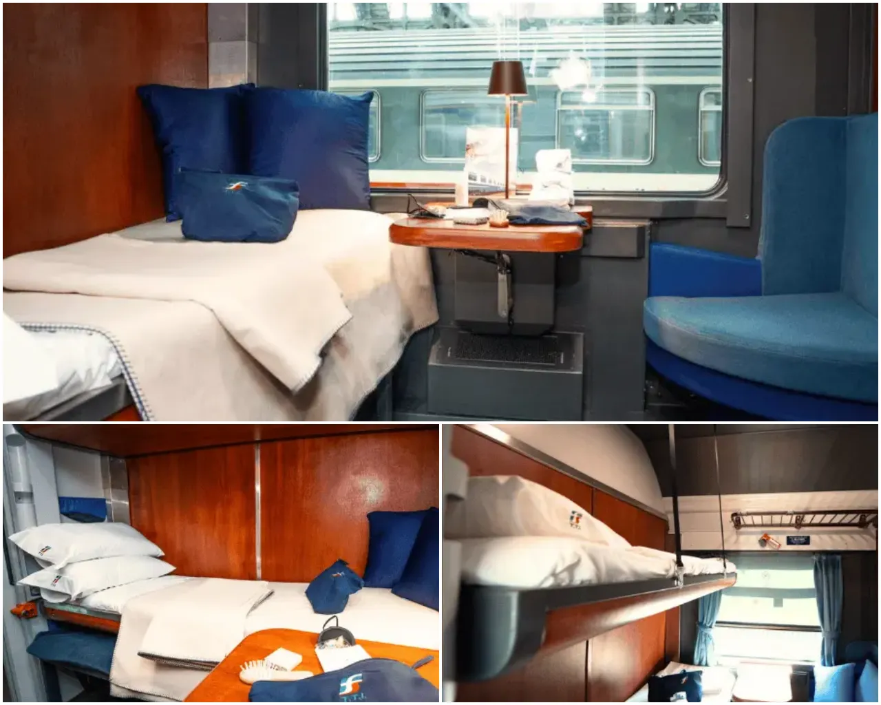 Trenitalia’s New Night Train Connects Rome And Marseille 3 Trenitalia night train sleeping car interior with single and bunk beds, wooden paneling, blue seats, and a small table with amenities.
