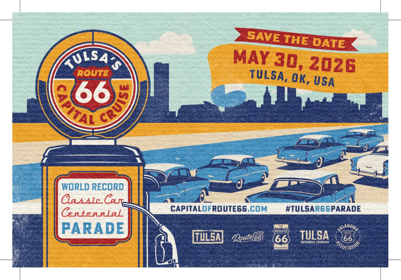 Tulsa Route 66 Capital Cruise postcard with classic cars and skyline announcing the world record classic car parade on May 30, 2026.
