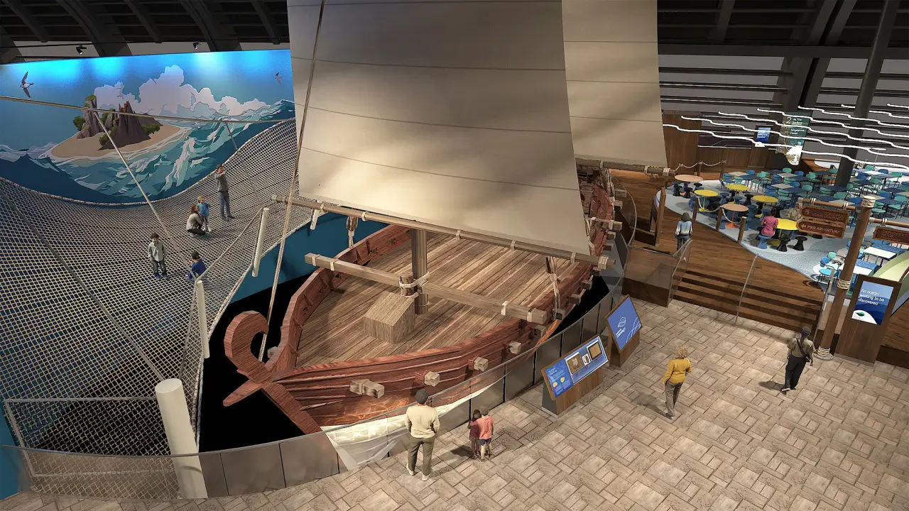 The New Singapore Oceanarium Opens, Connects Visitors To Marina Conservation 7 Visitors explore the Spirit of Exploration exhibit at the Singapore Oceanarium, featuring a replica of the ninth-century Jewel of Muscat dhow and an elevated net walkway.