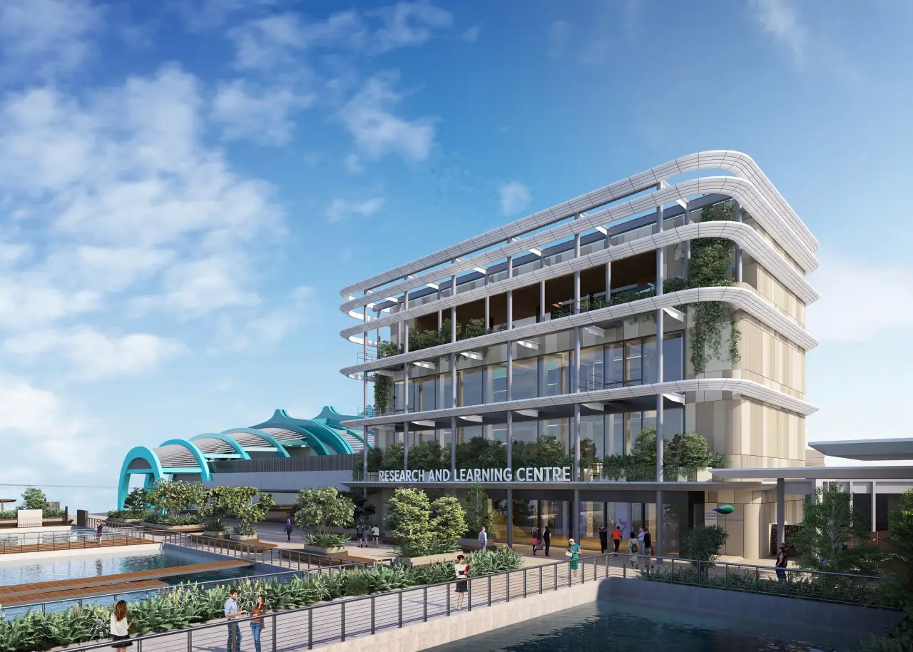 The New Singapore Oceanarium Opens, Connects Visitors To Marina Conservation 9 Exterior view of the Singapore Oceanarium’s Research and Learning Centre, a modern sustainable building dedicated to marine science and education.