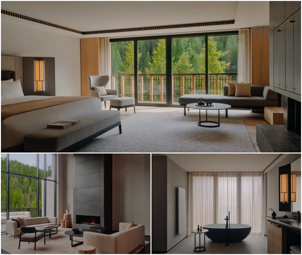Aman Rosa Alpina Opens In Italy’s Dolomites With Alpine Wellness Focus 3 Elegant interior spaces at Aman Rosa Alpina including bedroom, lounge, and bathroom