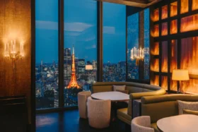 Fairmont Tokyo Opens, Marking Brand’s First Hotel In Japan 19 Fairmont Tokyo Specialty Bar Restaurant DRIFTWOOD Interior Seating with Tokyo Tower