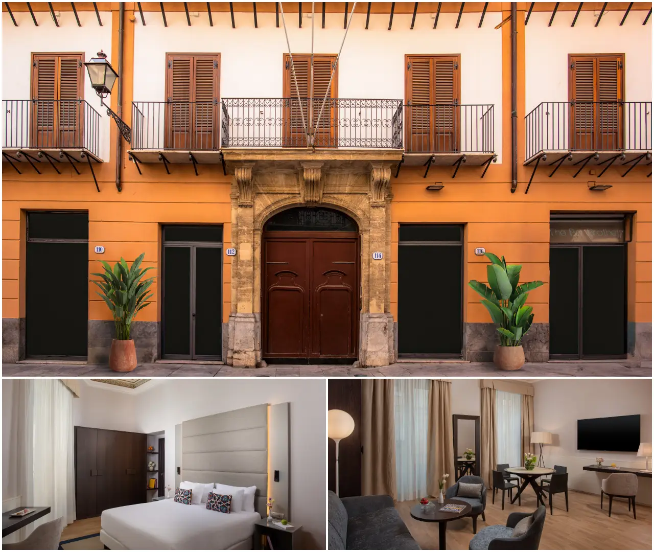 Facade of NH Collection Palermo Palazzo Sitano with Baroque entrance and balconies, alongside modern guest rooms featuring contemporary décor and seating area.
