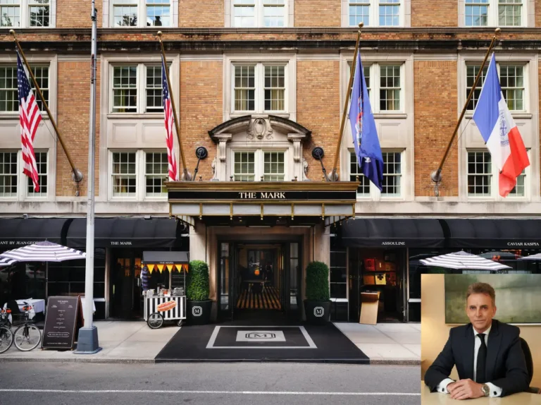 Appointments 6 The Mark Hotel entrance on Madison Avenue in New York City with American and French flags, featuring a small outdoor cart and restaurant seating; inset shows new General Manager Elon Kenchington in a suit.