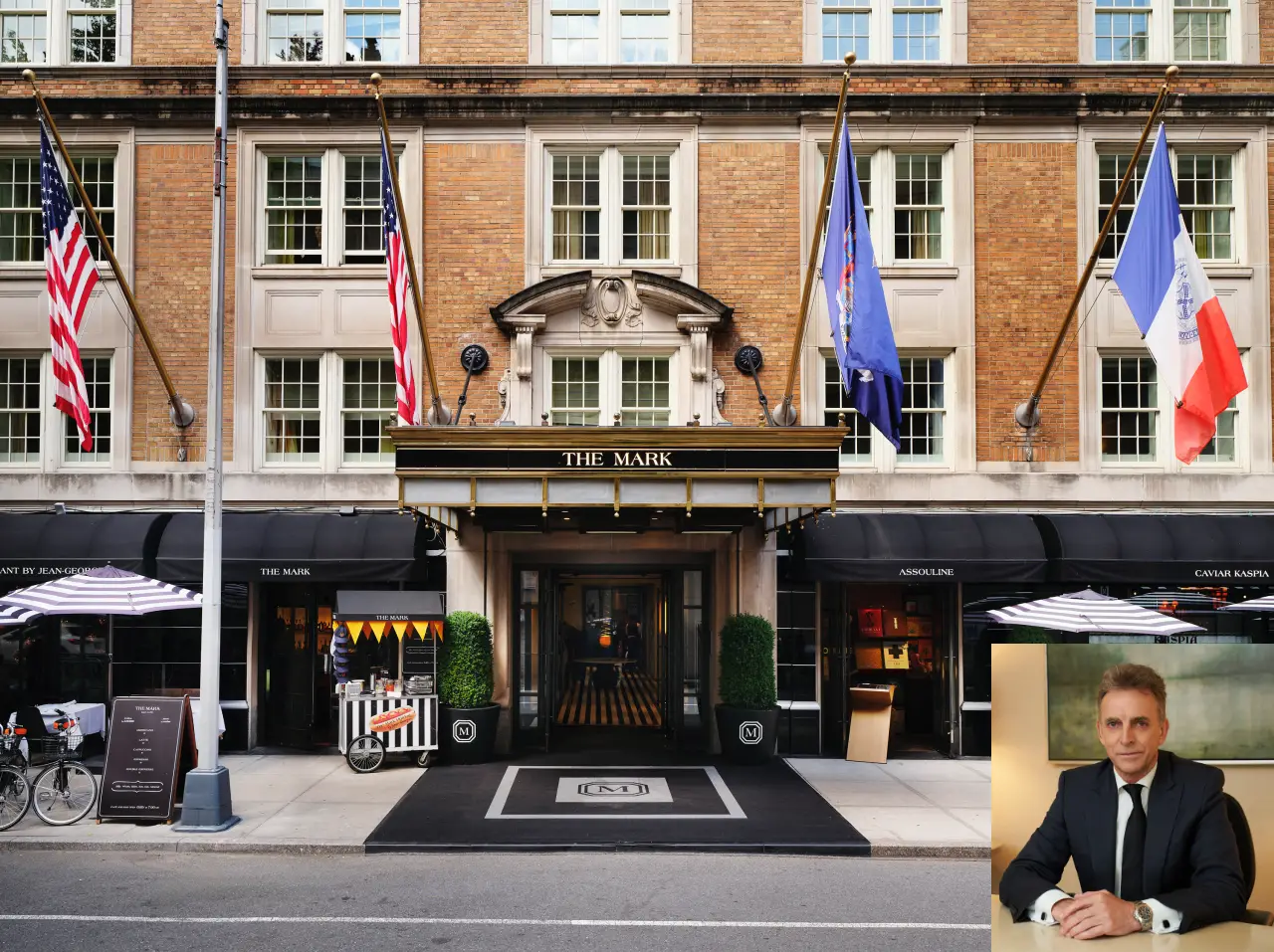 The Mark Hotel entrance on Madison Avenue in New York City with American and French flags, featuring a small outdoor cart and restaurant seating; inset shows new General Manager Elon Kenchington in a suit.