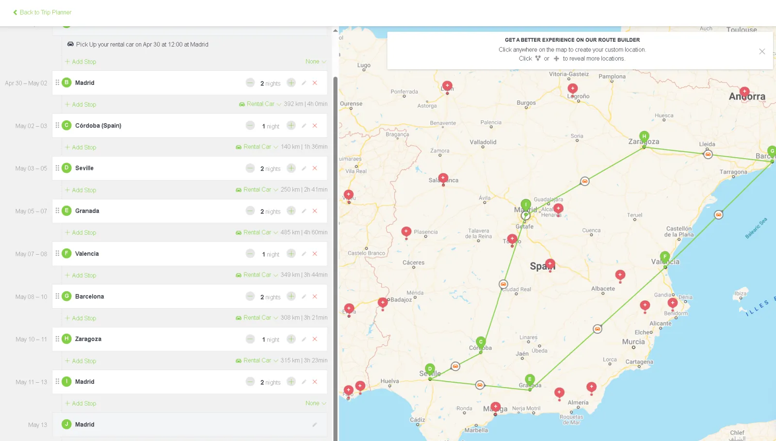 Custom travel itinerary planner showing Spain road trip route with stops and map