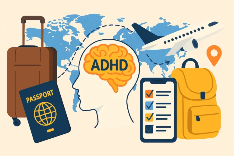 Flat-style illustration of a person with ADHD planning a trip, surrounded by travel icons, checklists, and calming tools like headphones and a journal.