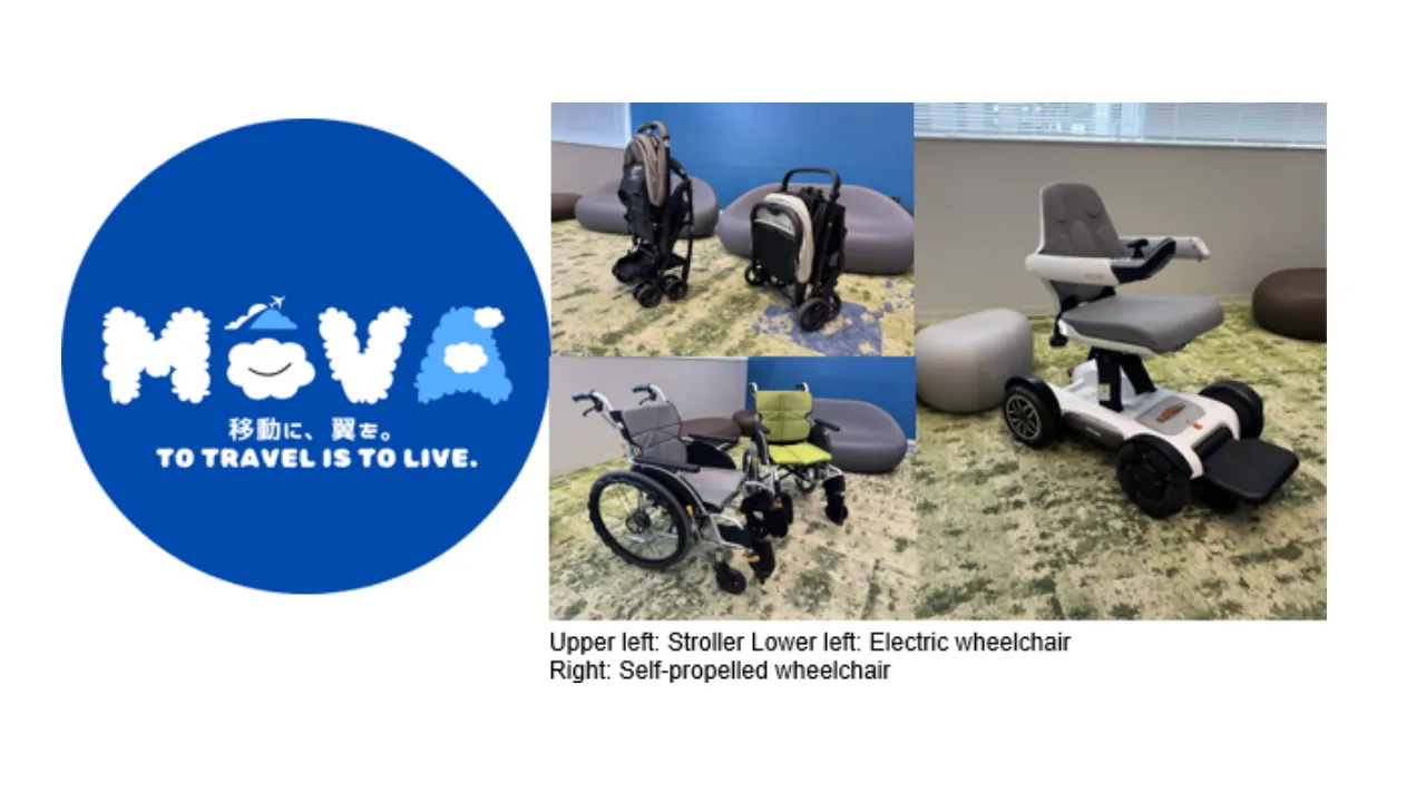 Collage of ANA’s MoVA rental program showing stroller, electric wheelchair, and self-propelled wheelchair models available for travelers at Kansai Airport.