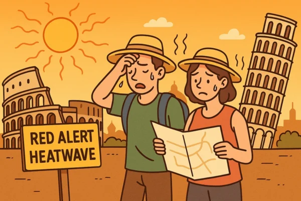 Cartoon illustration of tourists sweating in Italy during a red alert heatwave, with the Colosseum, Leaning Tower of Pisa, and a warning sign in the background.