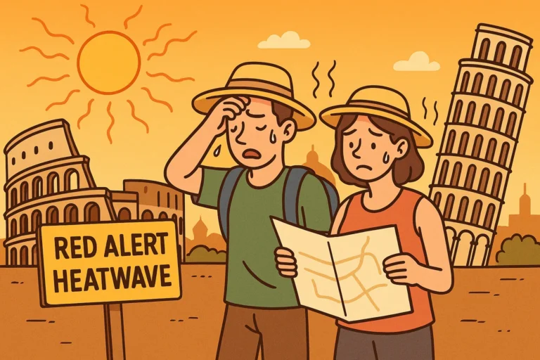 Tours 13 Cartoon illustration of tourists sweating in Italy during a red alert heatwave, with the Colosseum, Leaning Tower of Pisa, and a warning sign in the background.