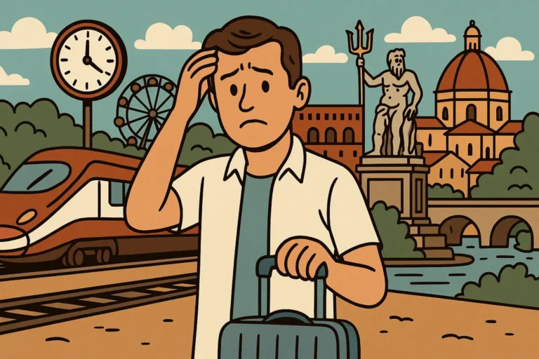 Cartoon-style illustration of a confused traveler at an Italian train station with landmarks, train delays, and summer festival elements in the background.