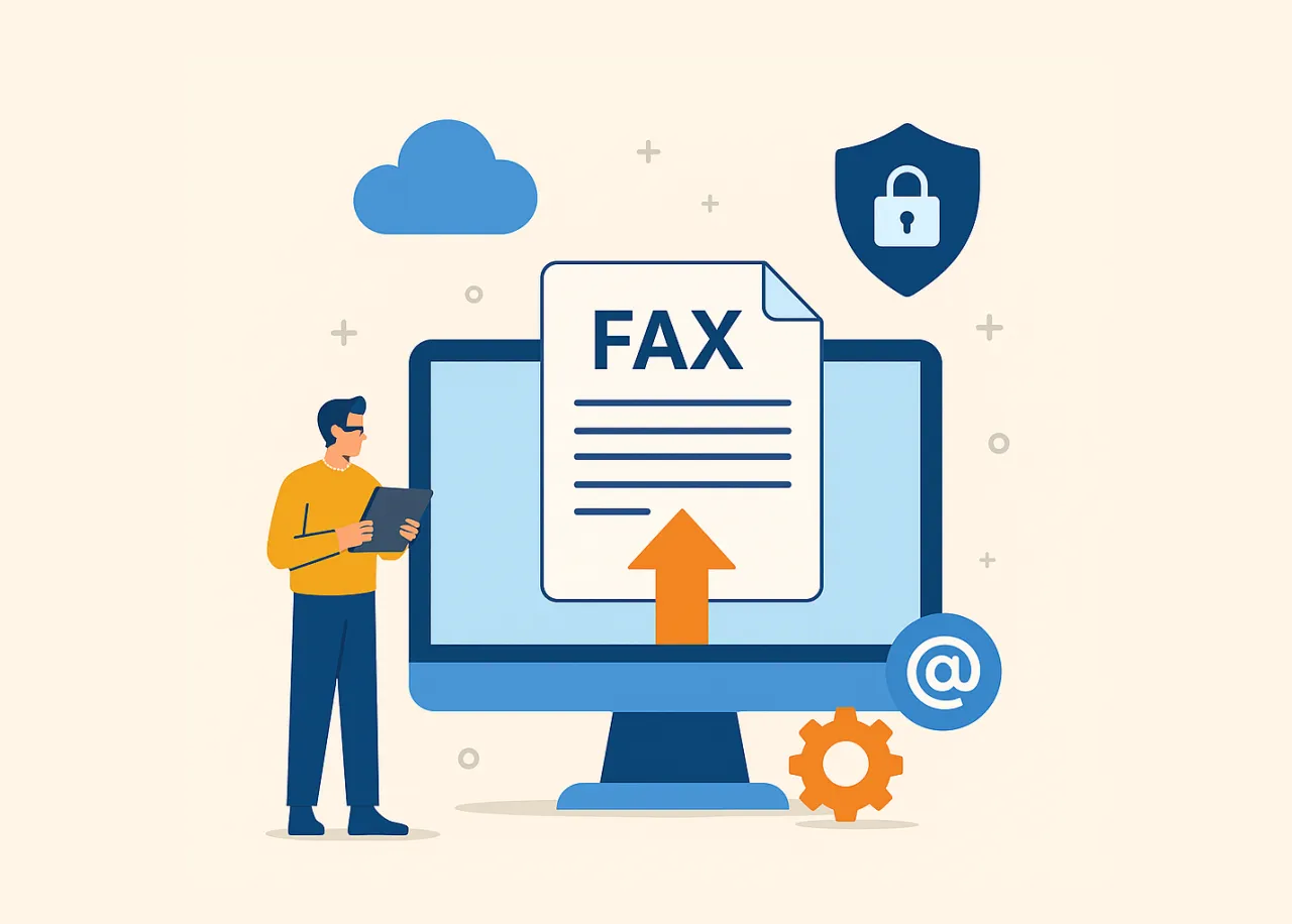 Illustration of a man using a tablet to send a digital fax from a computer, surrounded by icons for cloud, security, email, and automation