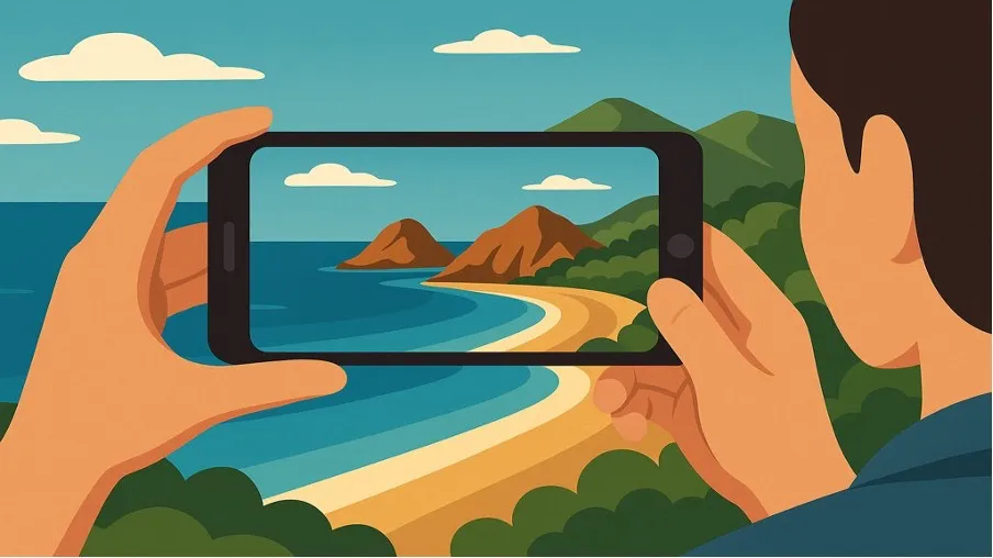 Illustration of a person taking a photo of a scenic beach with mountains using a smartphone, framing the coastline in the screen.