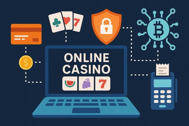 Flat digital illustration of secure online casino transactions showing laptop, credit card, blockchain, slot machine, and payment security icons.
