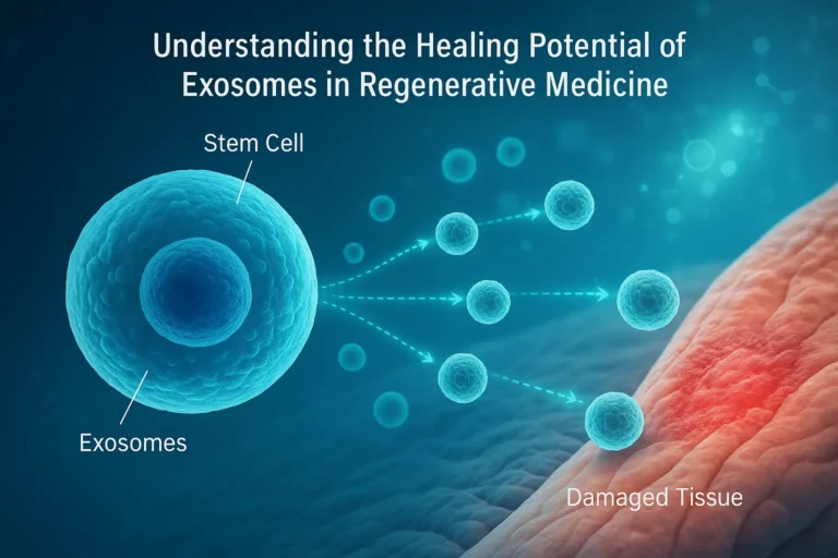 Scientific illustration showing a stem cell releasing exosomes toward damaged tissue, representing their role in regenerative healing processes.