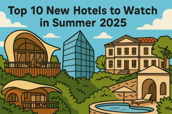 A colorful cartoon illustration featuring four different hotel styles under a bright sky, including a modern safari lodge, glass skyscraper, classic European villa, and a coastal resort with a pool.