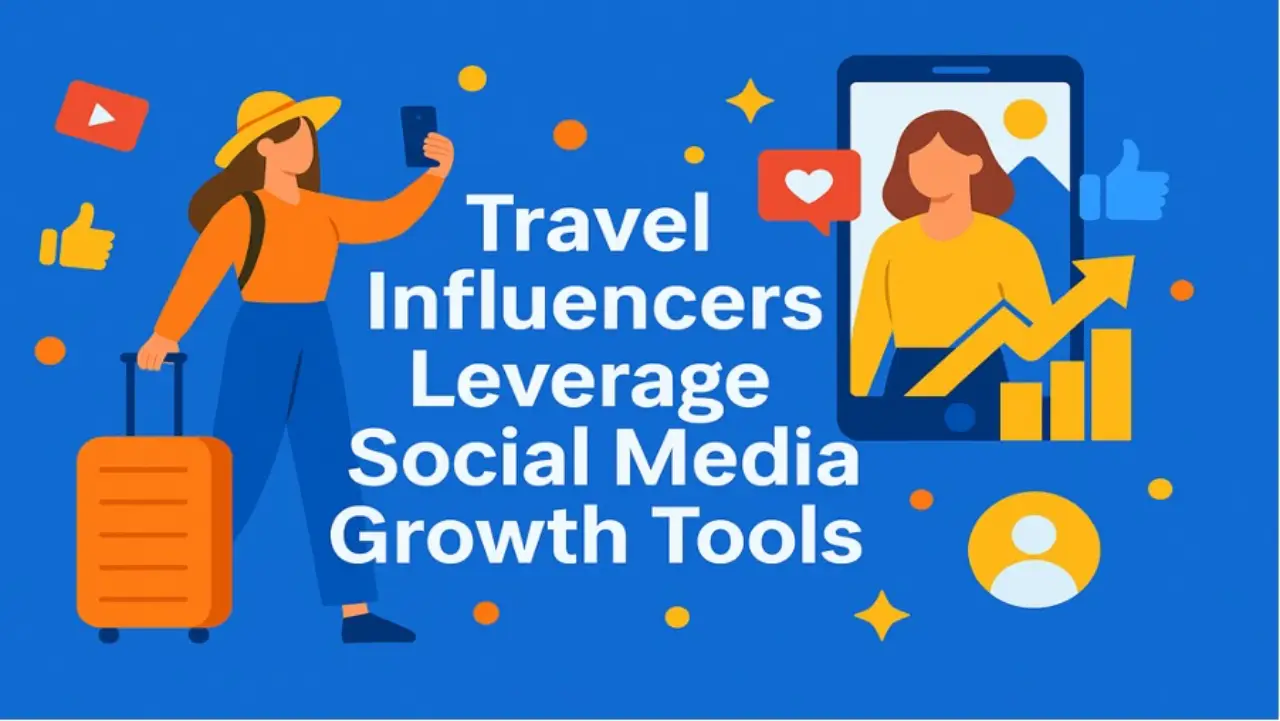Travel Influencers Leverage Social Media Growth Tools 2 Illustration of a female travel influencer with a suitcase taking a selfie, and another on a smartphone screen with social media icons and growth charts.
