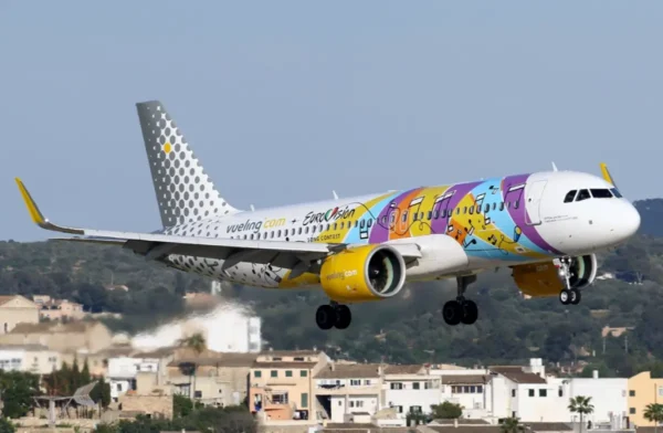 Vueling Airbus A320 with Eurovision livery approaching for landing in Spain