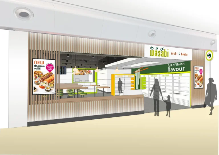 Illustration of the new Wasabi restaurant at London Luton Airport, showing a modern dine-in area with wooden accents, green seating, and grab-and-go displays.