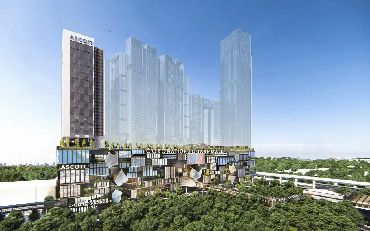 Artist’s rendering of Ascott Coronation Square Johor Bahru, showcasing the hotel tower and Coronation Square Mall with modern architectural design, surrounded by greenery and connected to a transit system.