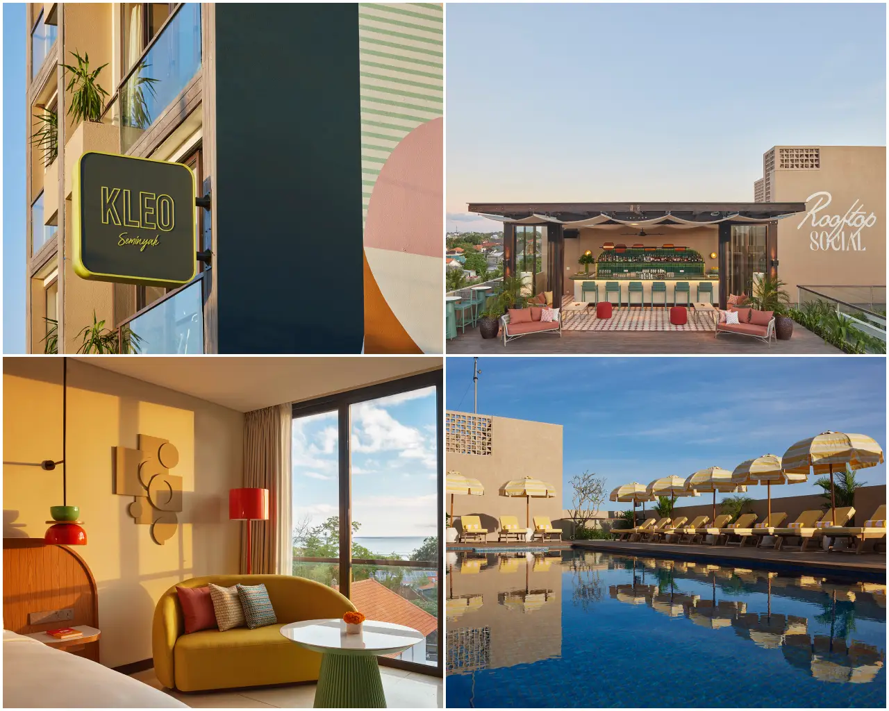 Collage of KLEO Seminyak in Bali featuring the hotel sign, Rooftop Social bar, a stylish guest room with ocean view, and poolside lounge with yellow umbrellas.