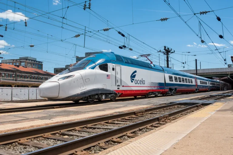 High-speed Amtrak NextGen Acela train at a station platform on the Northeast Corridor.