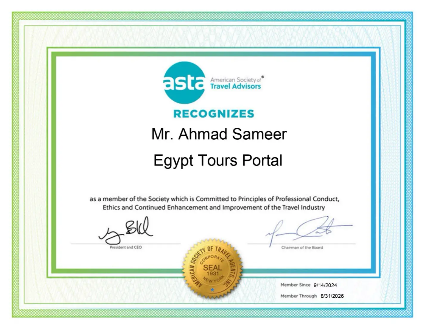 El certificado de membresía de ASTA honra a Ahmad Sameia del compromiso de Egipto Tour Portal de mejorar la industria profesional de conducta, ética y viajes.